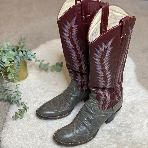 Larry Mahan Shoes - Larry Mahan Purple and Grey Embroidered Cowboy Boots